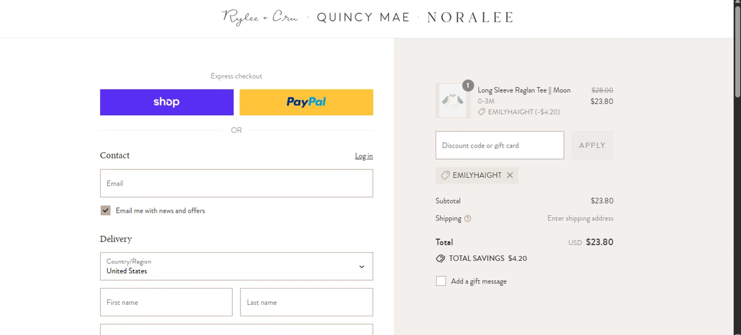 Rylee And Cru promo code screenshot showing code EMILYHAIGHT applied at Rylee And Cru checkout page. Uploaded by SimplyCodes community member _____________________________ on Aug 29, 2025