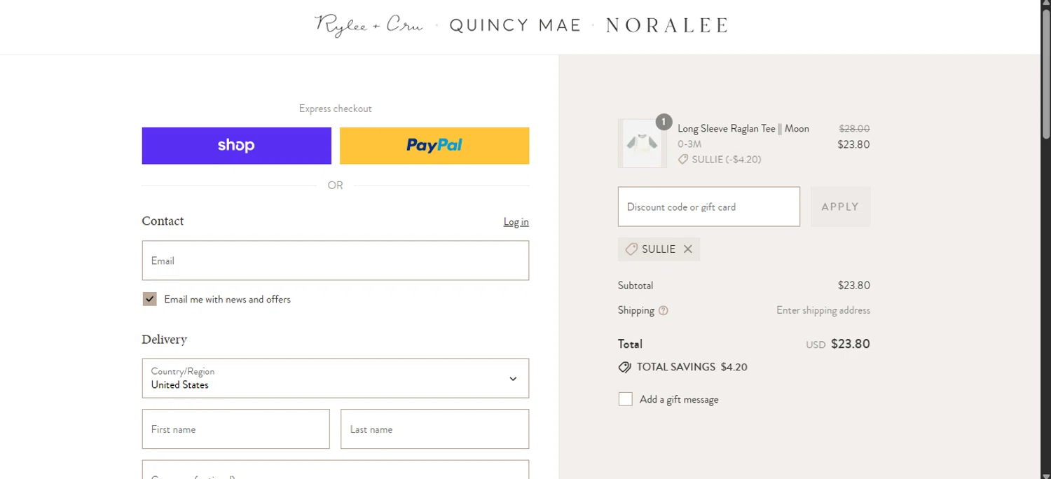 Rylee And Cru promo code screenshot showing code SULLIE applied at Rylee And Cru checkout page. Uploaded by SimplyCodes community member emejota on Aug 29, 2025