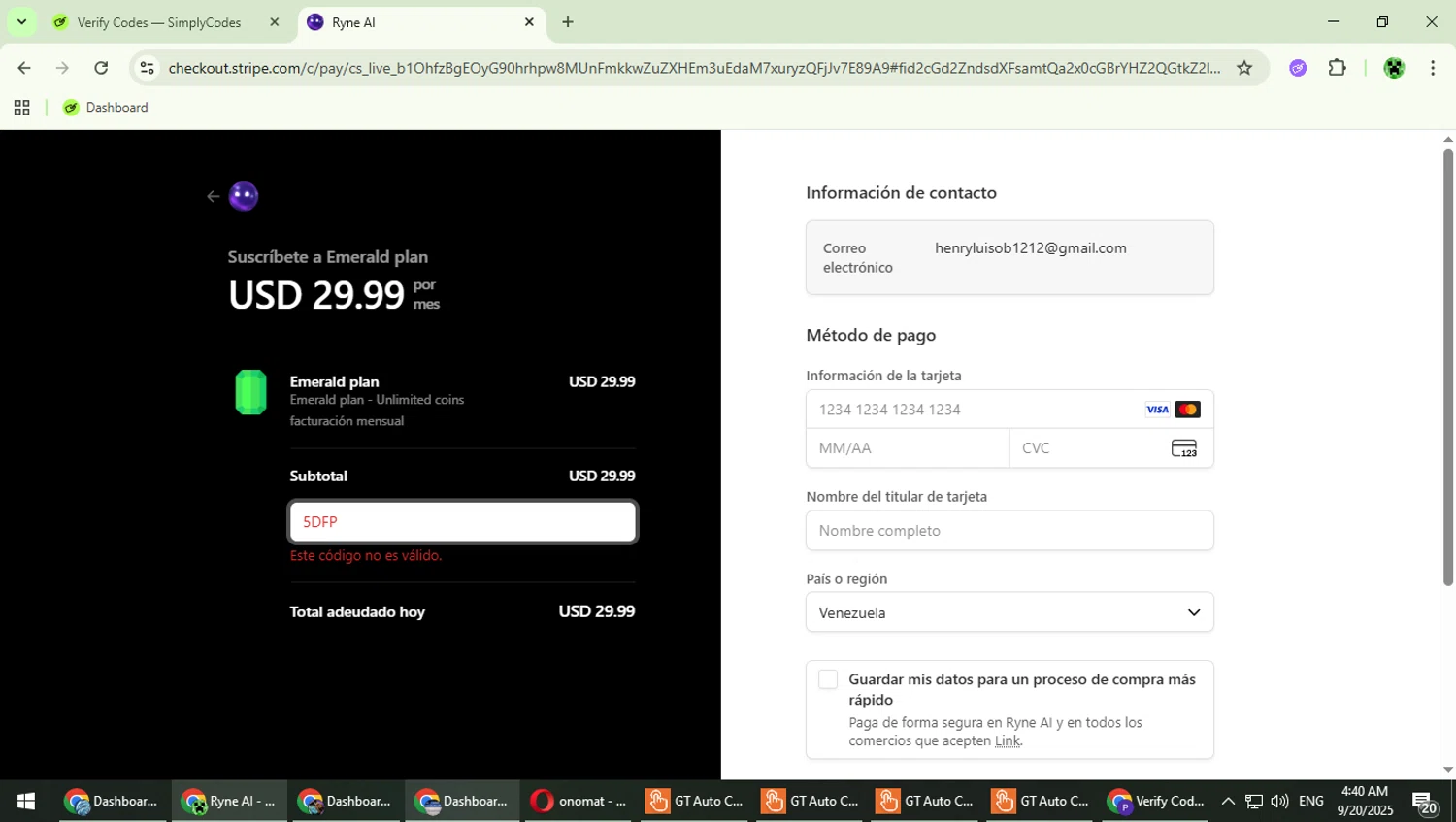 Ryne AI promo code screenshot showing code 5DFP applied at Ryne AI checkout page. Uploaded by SimplyCodes community member MaitoGai on Sep 20, 2025