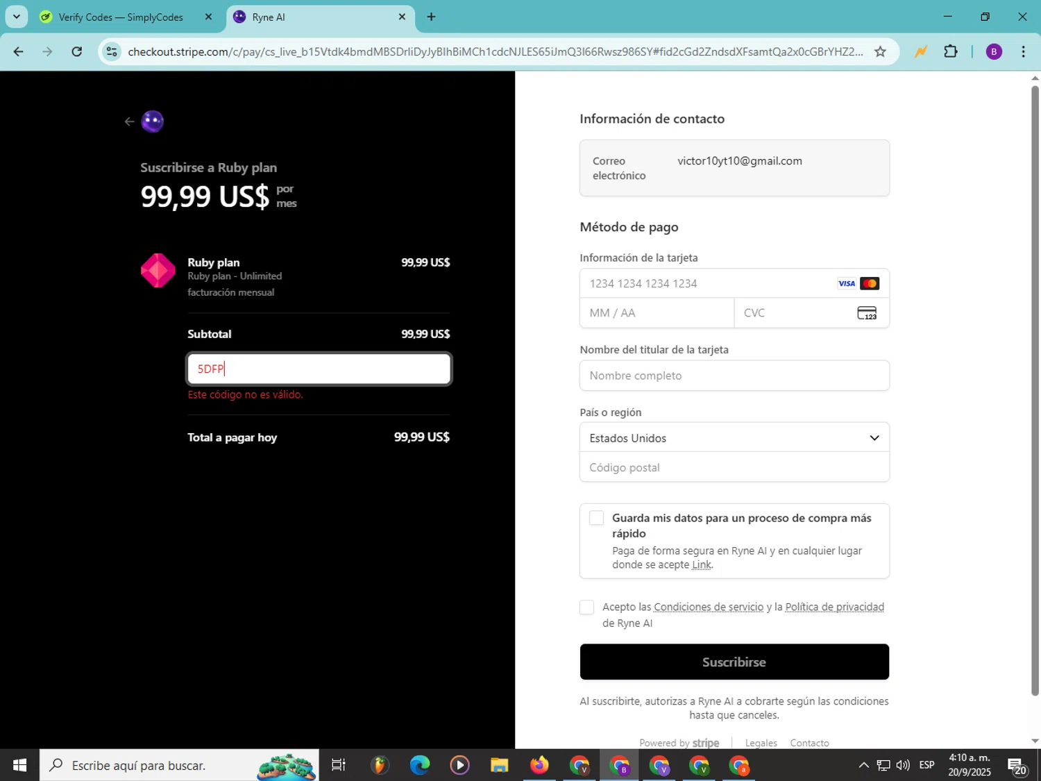 Ryne AI promo code screenshot showing code 5DFP applied at Ryne AI checkout page. Uploaded by SimplyCodes community member Soyvictor on Sep 20, 2025