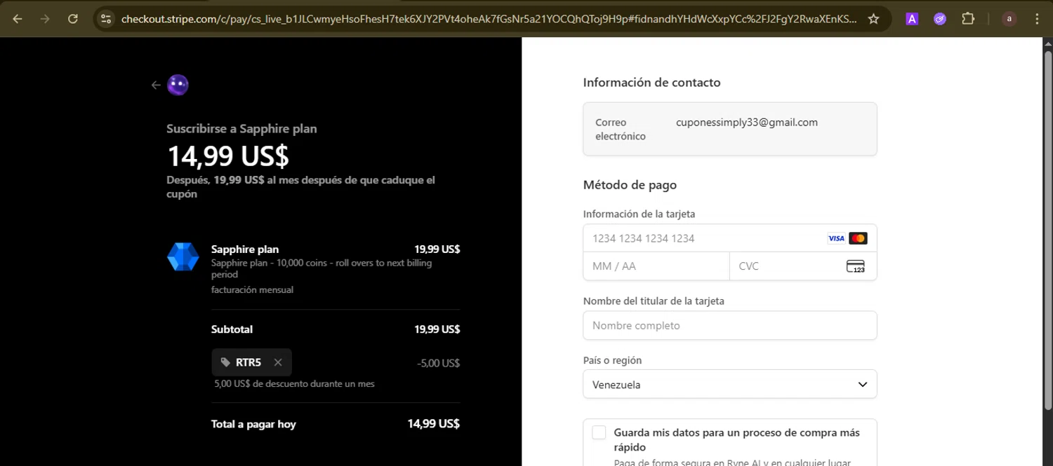 Ryne AI promo code screenshot showing code RTR5 applied at Ryne AI checkout page. Uploaded by SimplyCodes community member GoldCurator1773 on Nov 3, 2025