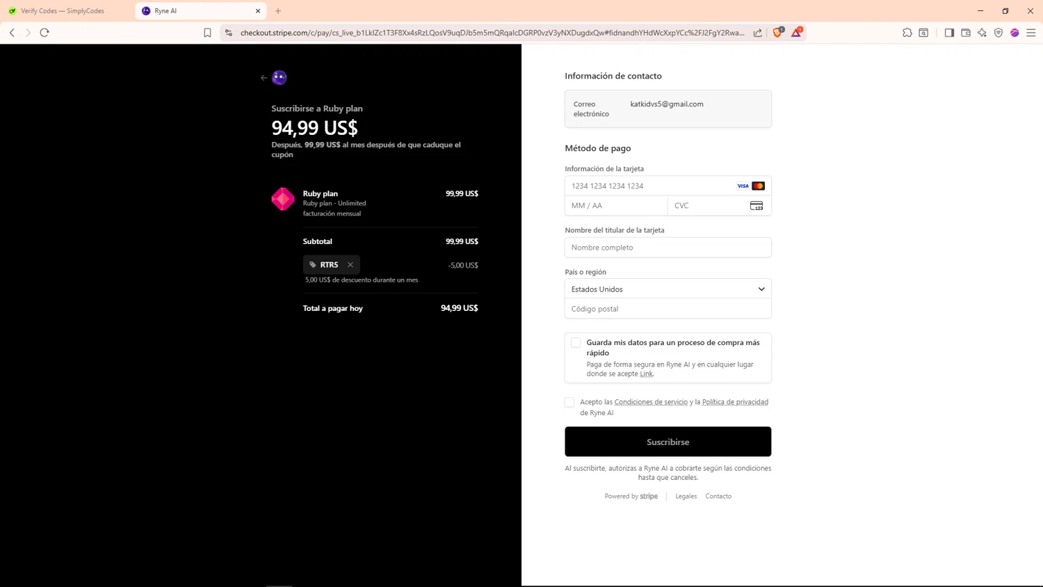 Ryne AI promo code screenshot showing code RTR5 applied at Ryne AI checkout page. Uploaded by SimplyCodes community member Livingston on Dec 31, 2025