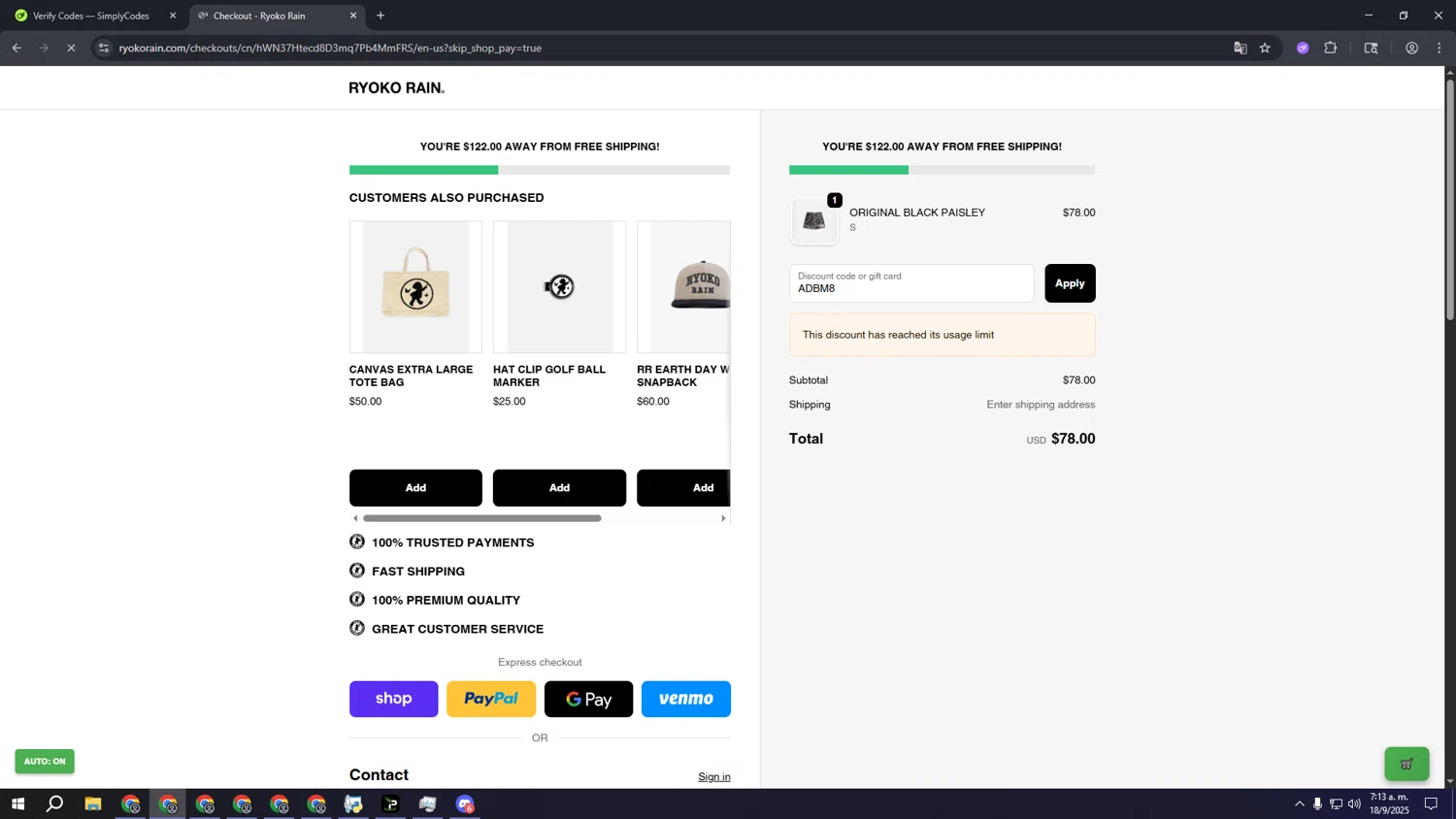 Ryoko Rain discount code screenshot showing code ADBM8 applied at Ryoko Rain checkout page. Uploaded by SimplyCodes community member aaaaaaaaaaaaaaaa on Sep 18, 2025