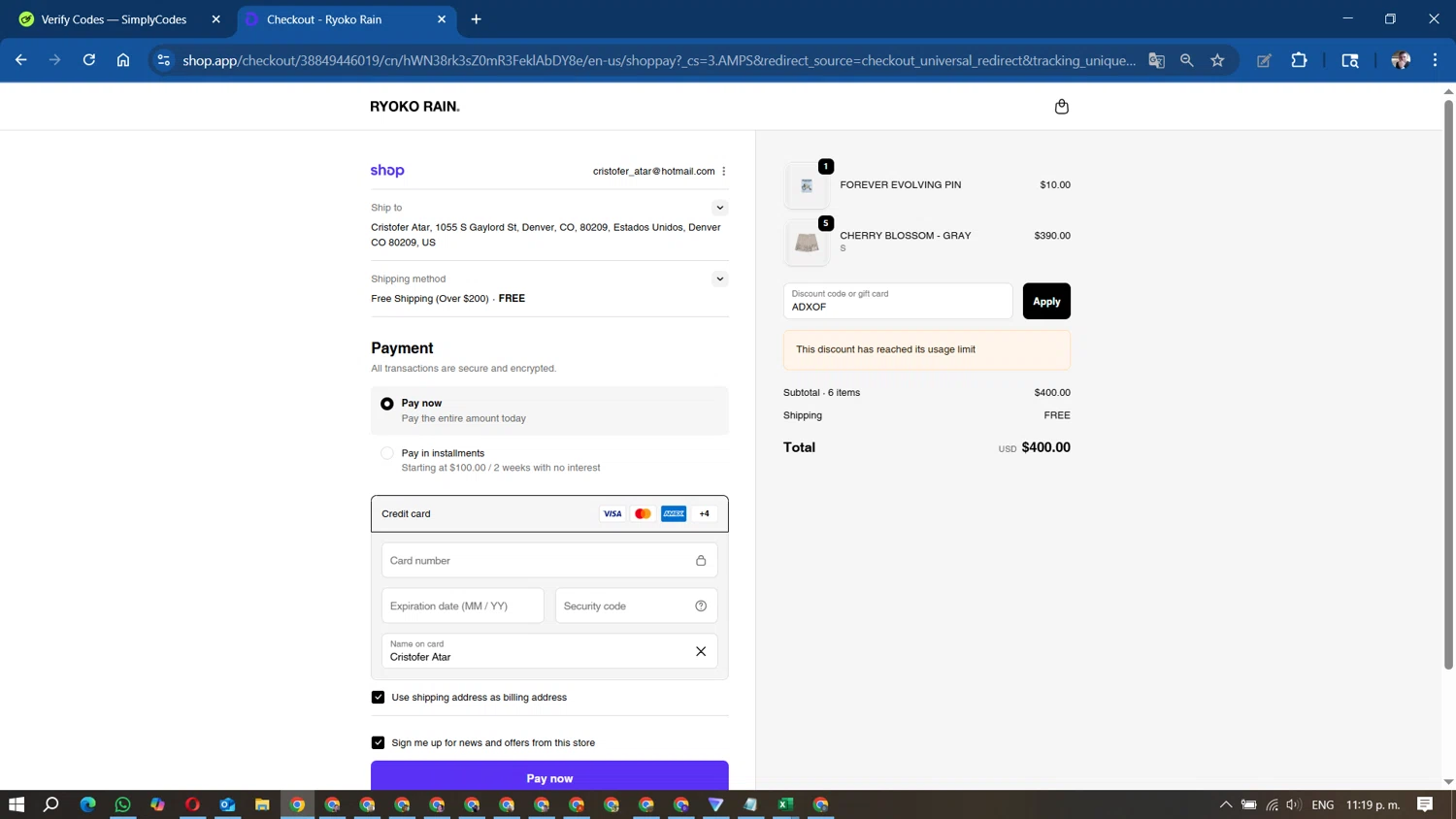 Ryoko Rain discount code screenshot showing code ADXOF applied at Ryoko Rain checkout page. Uploaded by SimplyCodes community member DavidMGF on Sep 19, 2025