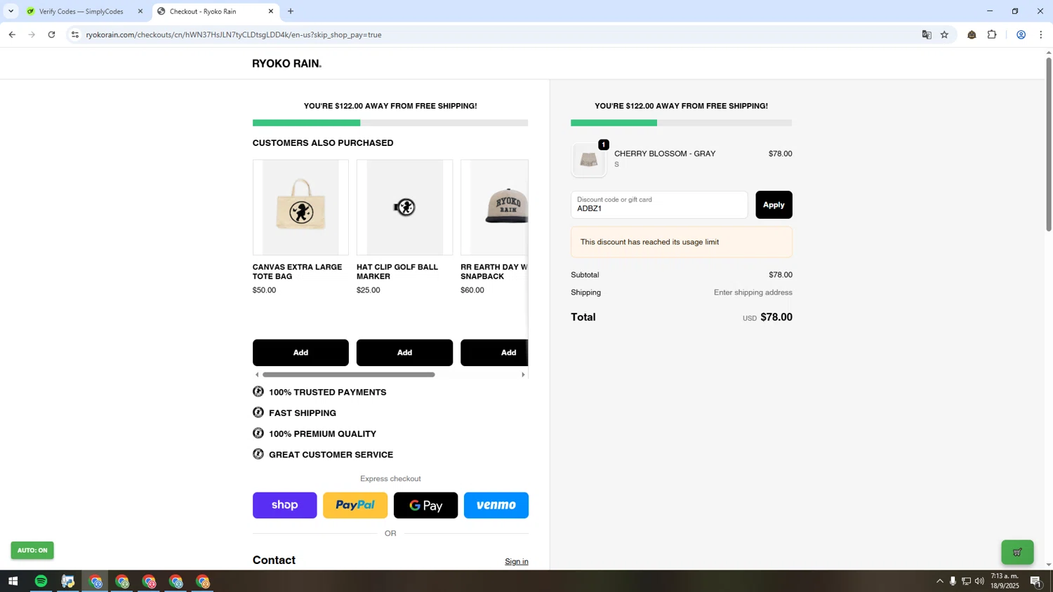 Ryoko Rain discount code screenshot showing code ADBZ1 applied at Ryoko Rain checkout page. Uploaded by SimplyCodes community member MRYORMAN on Sep 18, 2025