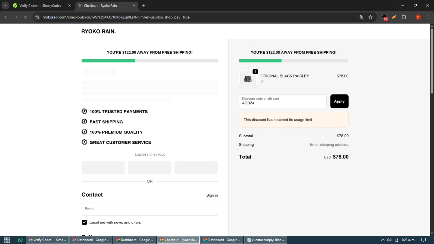 Ryoko Rain discount code screenshot showing code ADBZ4 applied at Ryoko Rain checkout page. Uploaded by SimplyCodes community member BrilliantLynx7174 on Sep 19, 2025