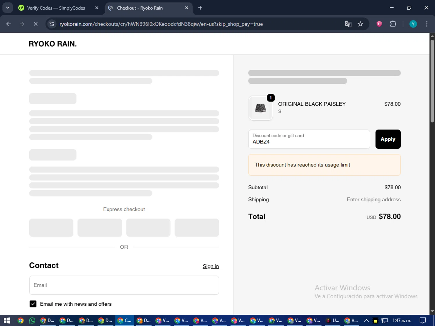 Ryoko Rain discount code screenshot showing code ADBZ4 applied at Ryoko Rain checkout page. Uploaded by SimplyCodes community member RoyalEagle4794 on Sep 19, 2025
