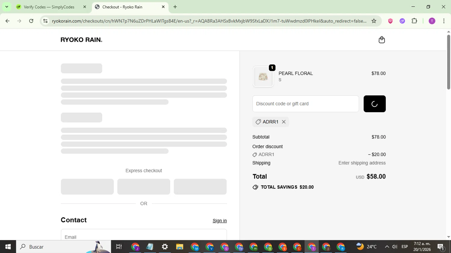 Ryoko Rain checkout page showing Ryoko Rain discount code box | Screenshot taken by SimplyCodes community member on Jan 20, 2026