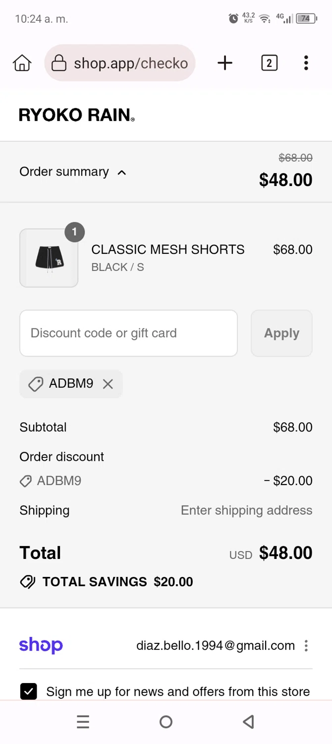 Ryoko Rain discount code screenshot showing code ADBM9 applied at Ryoko Rain checkout page. Uploaded by SimplyCodes community member Anthony_Diaz on Sep 17, 2025