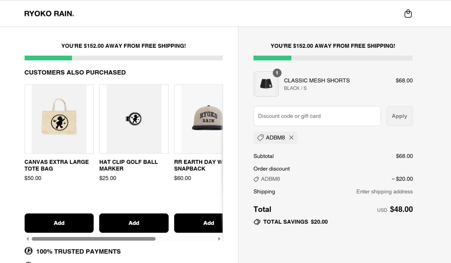 Ryoko Rain discount code screenshot showing code ADBM8 applied at Ryoko Rain checkout page. Uploaded by SimplyCodes community member SavvyCurator5307 on Sep 10, 2025