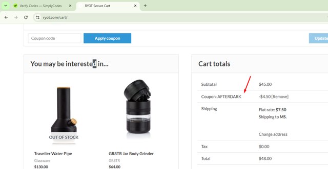 RYOT checkout page showing RYOT coupon code box | Screenshot taken by SimplyCodes community member on Aug 8, 2025