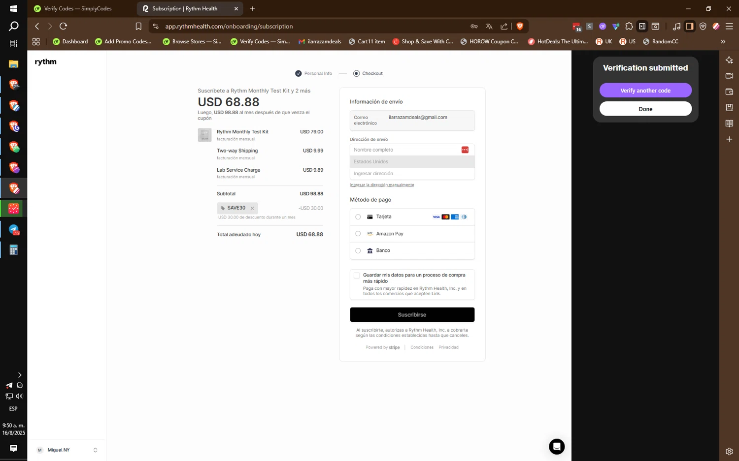 Rythm Health checkout page showing Rythm Health promo code box | Screenshot taken by SimplyCodes community member on Aug 16, 2025