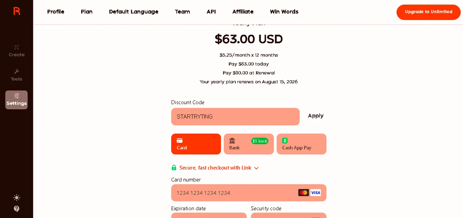Rytr discount code screenshot showing code STARTRYTING applied at Rytr checkout page. Uploaded by SimplyCodes community member CashAce9852 on Aug 15, 2025
