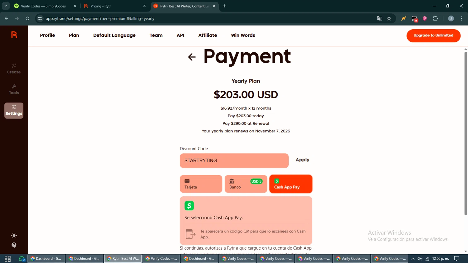 Rytr discount code screenshot showing code STARTRYTING applied at Rytr checkout page. Uploaded by SimplyCodes community member CashShopper1214 on Nov 7, 2025