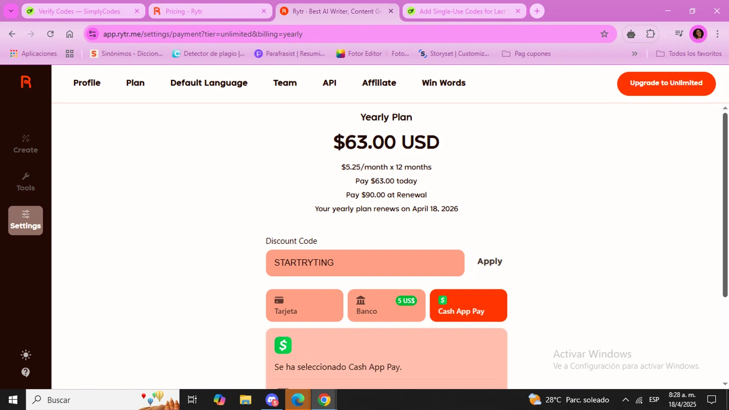 Rytr discount code screenshot showing code STARTRYTING applied at Rytr checkout page. Uploaded by SimplyCodes community member Hola_demonio on Apr 18, 2025