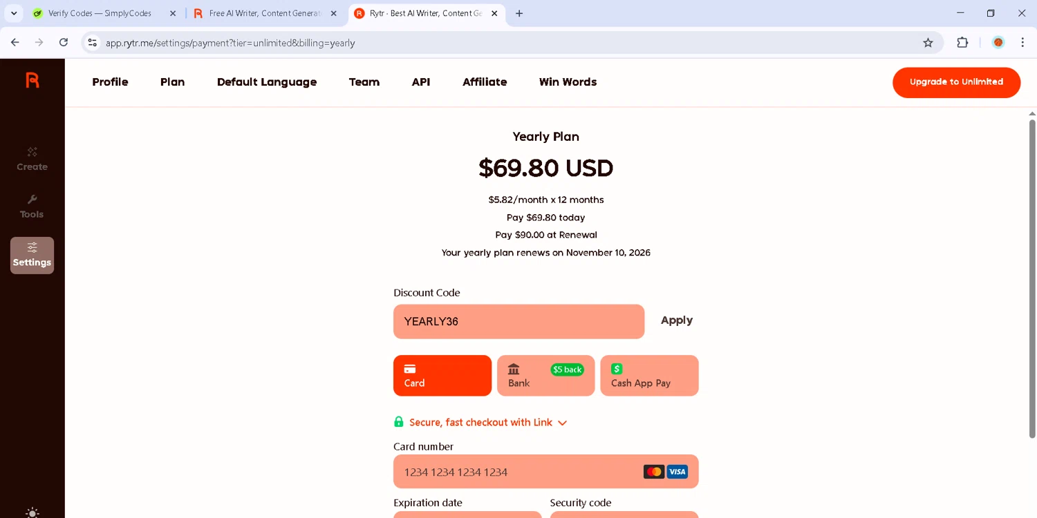 Rytr discount code screenshot showing code YEARLY36 applied at Rytr checkout page. Uploaded by SimplyCodes community member Estefani4 on Nov 10, 2025