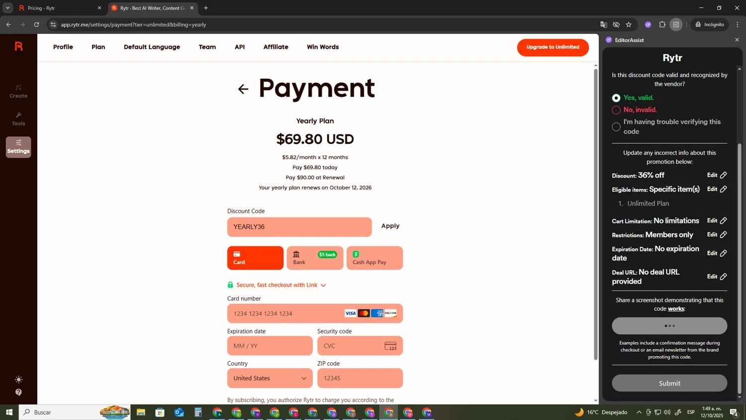 Rytr discount code screenshot showing code YEARLY36 applied at Rytr checkout page. Uploaded by SimplyCodes community member SwiftSage2309 on Oct 12, 2025