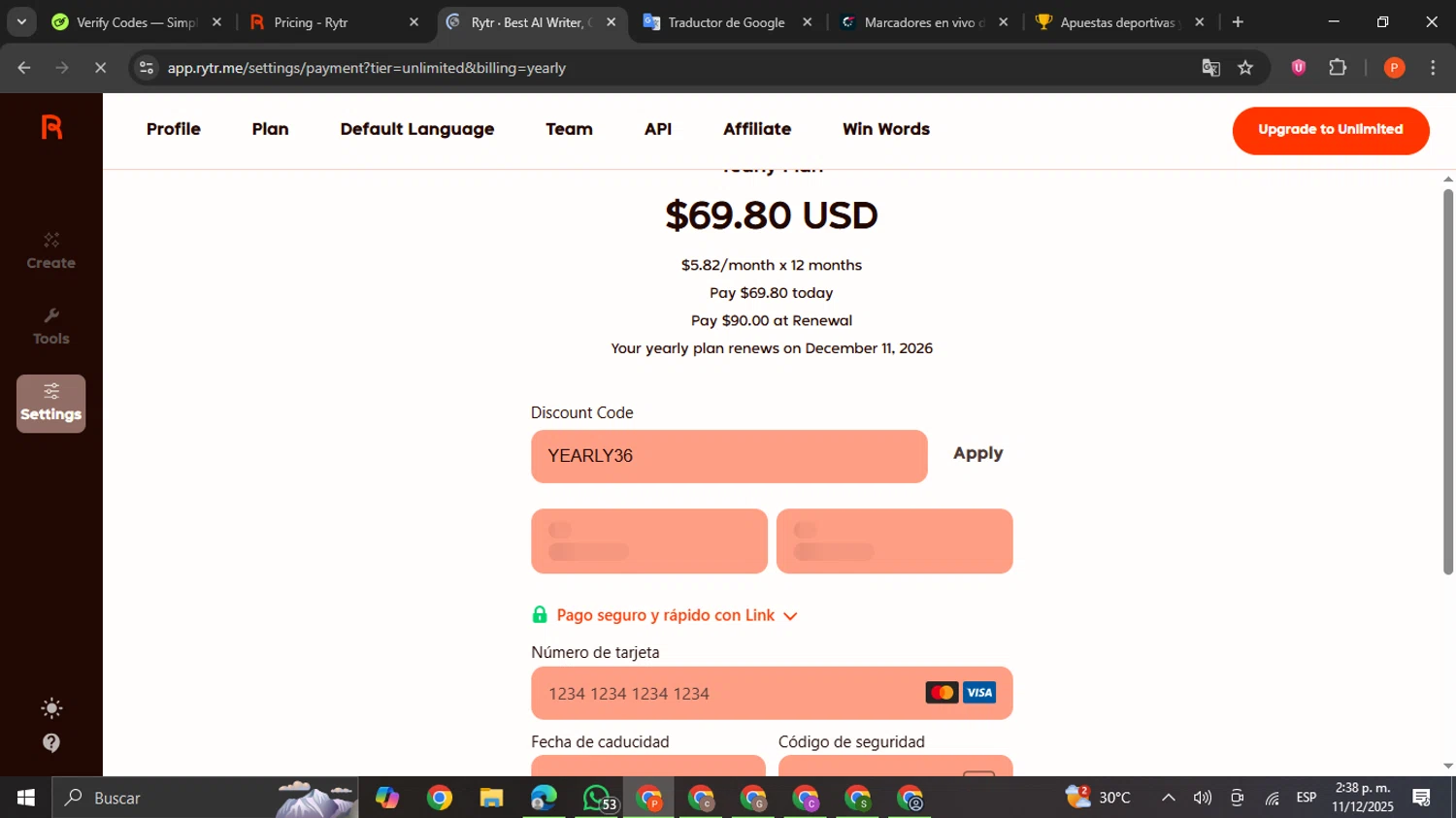 Rytr discount code screenshot showing code YEARLY36 applied at Rytr checkout page. Uploaded by SimplyCodes community member VictoriousCaptain2658 on Dec 11, 2025