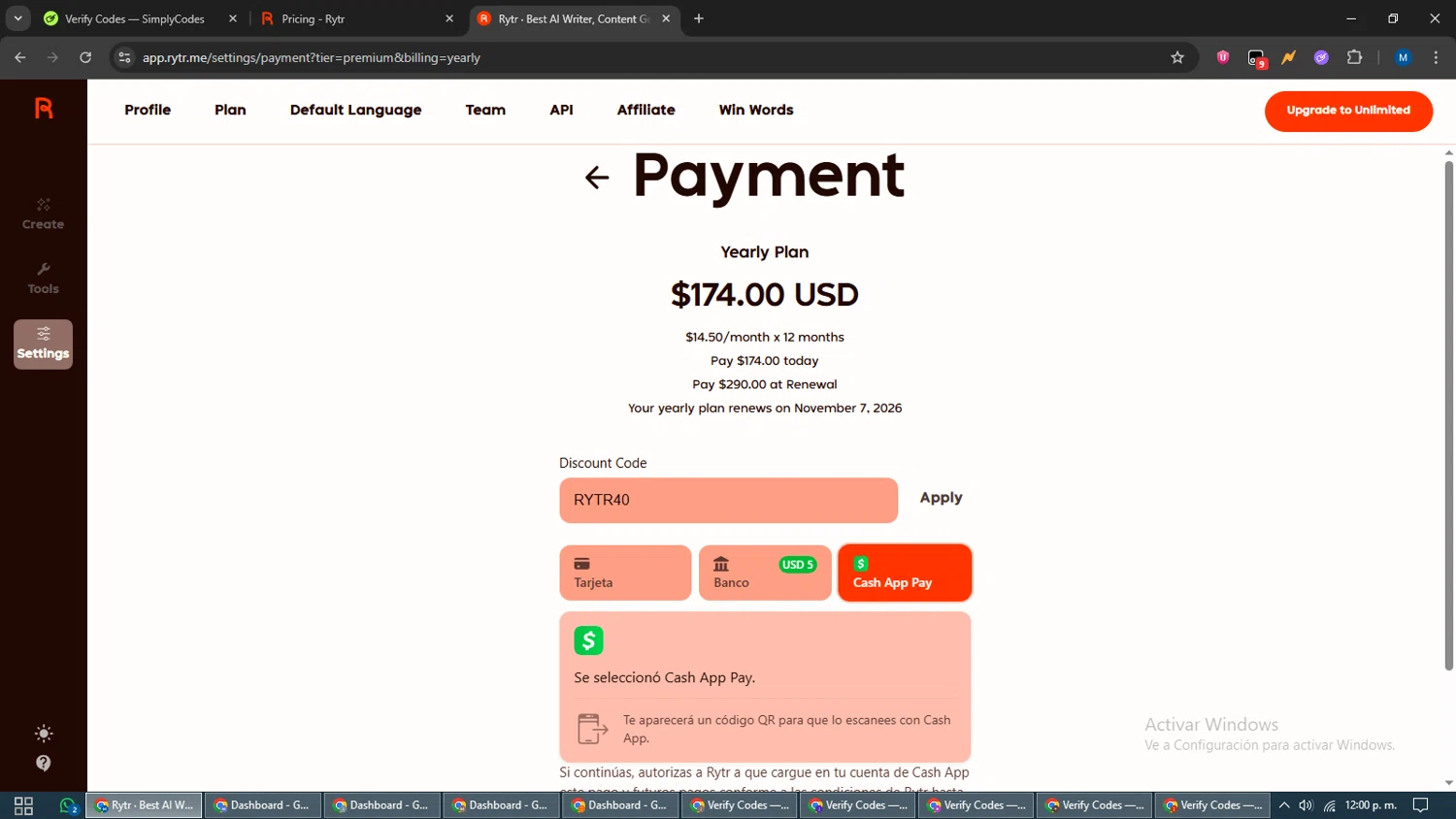 Rytr discount code screenshot showing code RYTR40 applied at Rytr checkout page. Uploaded by SimplyCodes community member EpicVoyager2820 on Nov 7, 2025