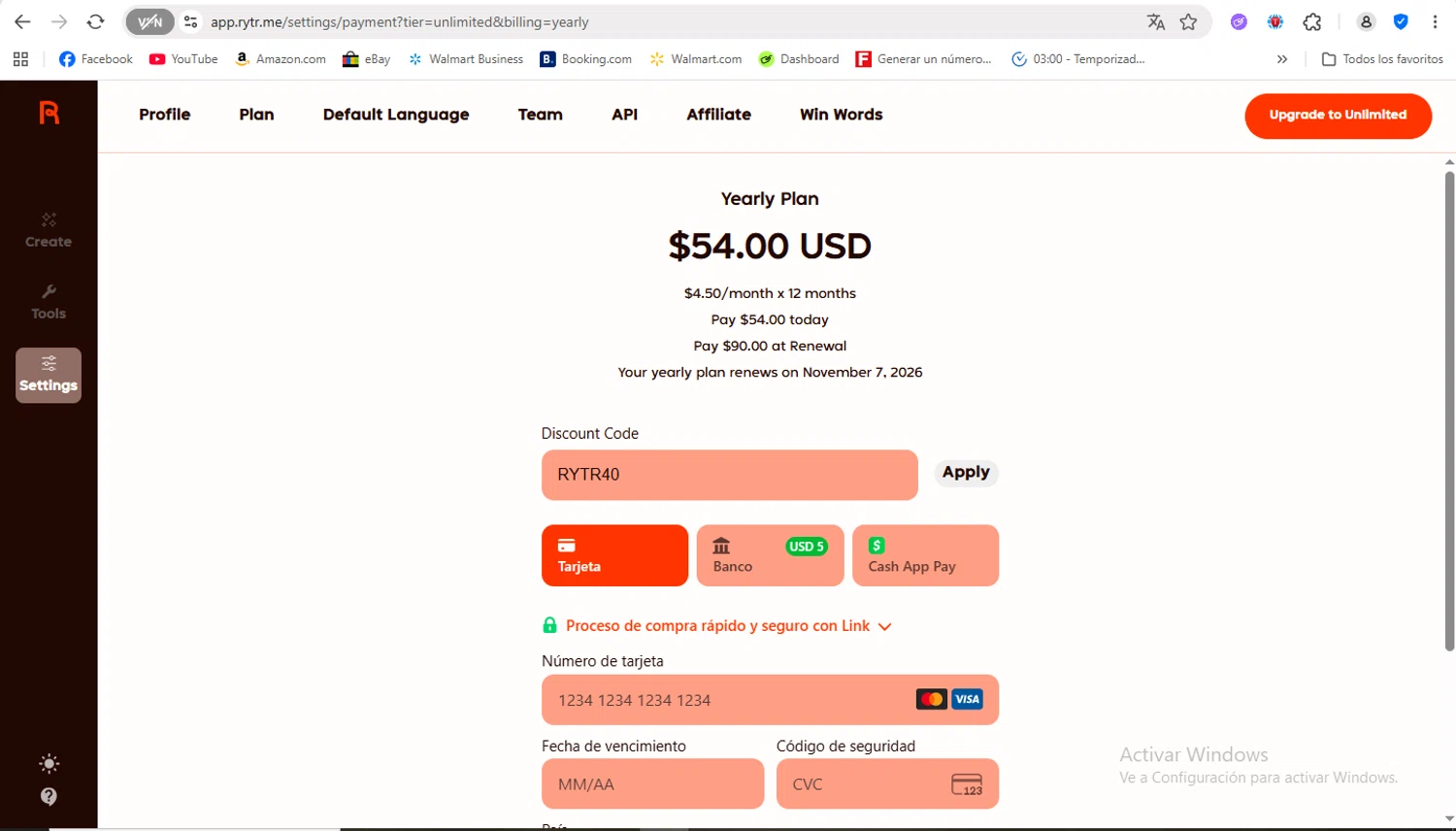 Rytr discount code screenshot showing code RYTR40 applied at Rytr checkout page. Uploaded by SimplyCodes community member FrancyB on Nov 7, 2025