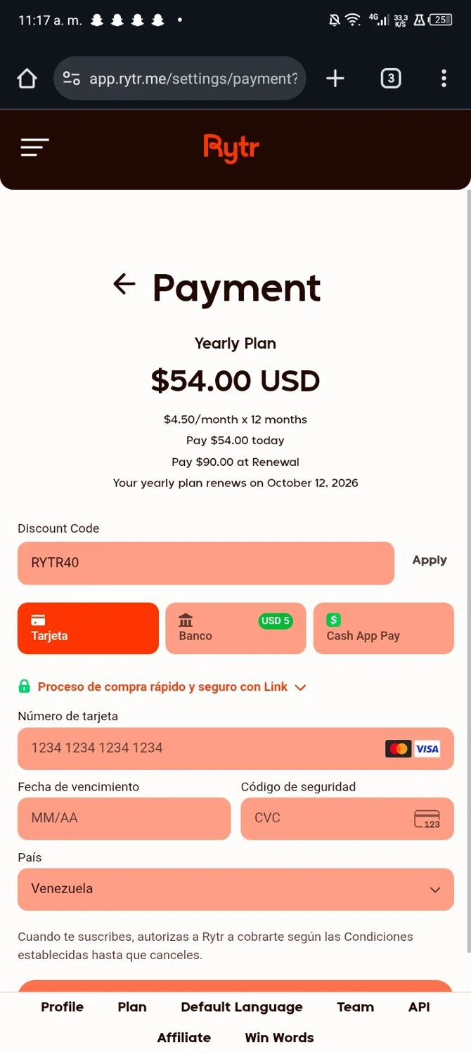 Rytr checkout page showing Rytr discount code box | Screenshot taken by SimplyCodes community member on Oct 12, 2025