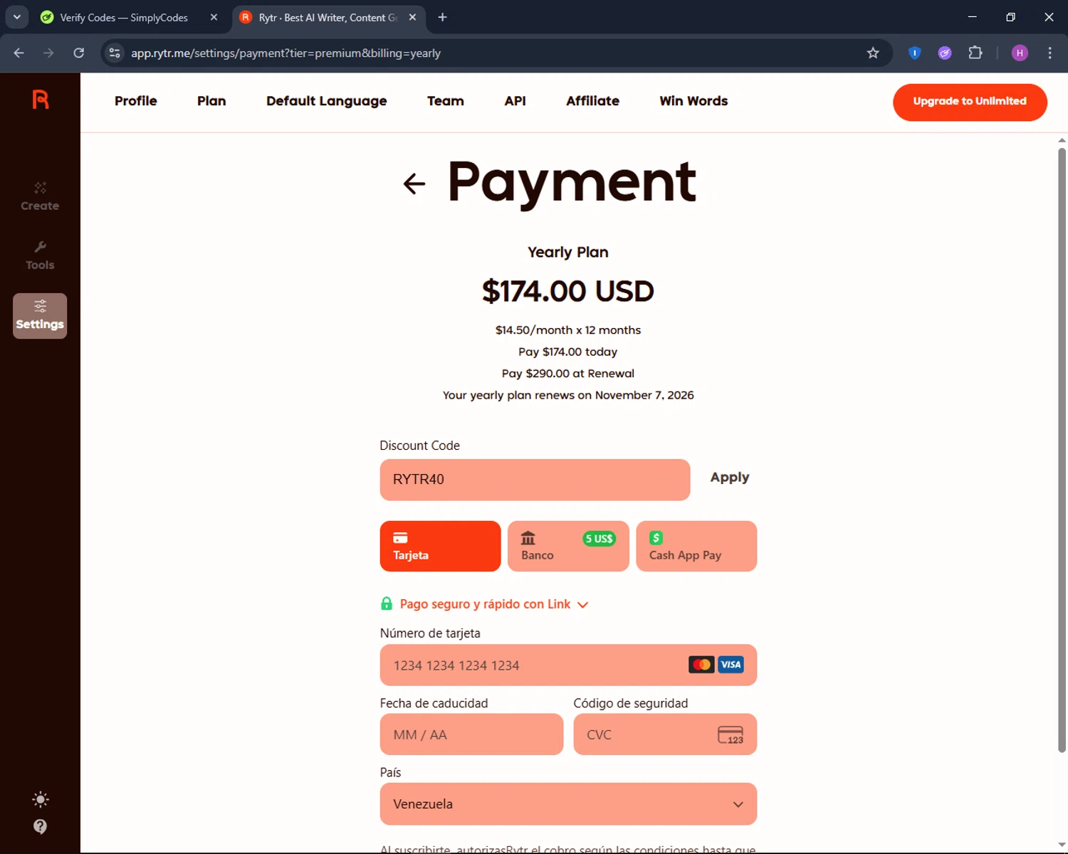Rytr discount code screenshot showing code RYTR40 applied at Rytr checkout page. Uploaded by SimplyCodes community member TokenNavigator6891 on Nov 7, 2025