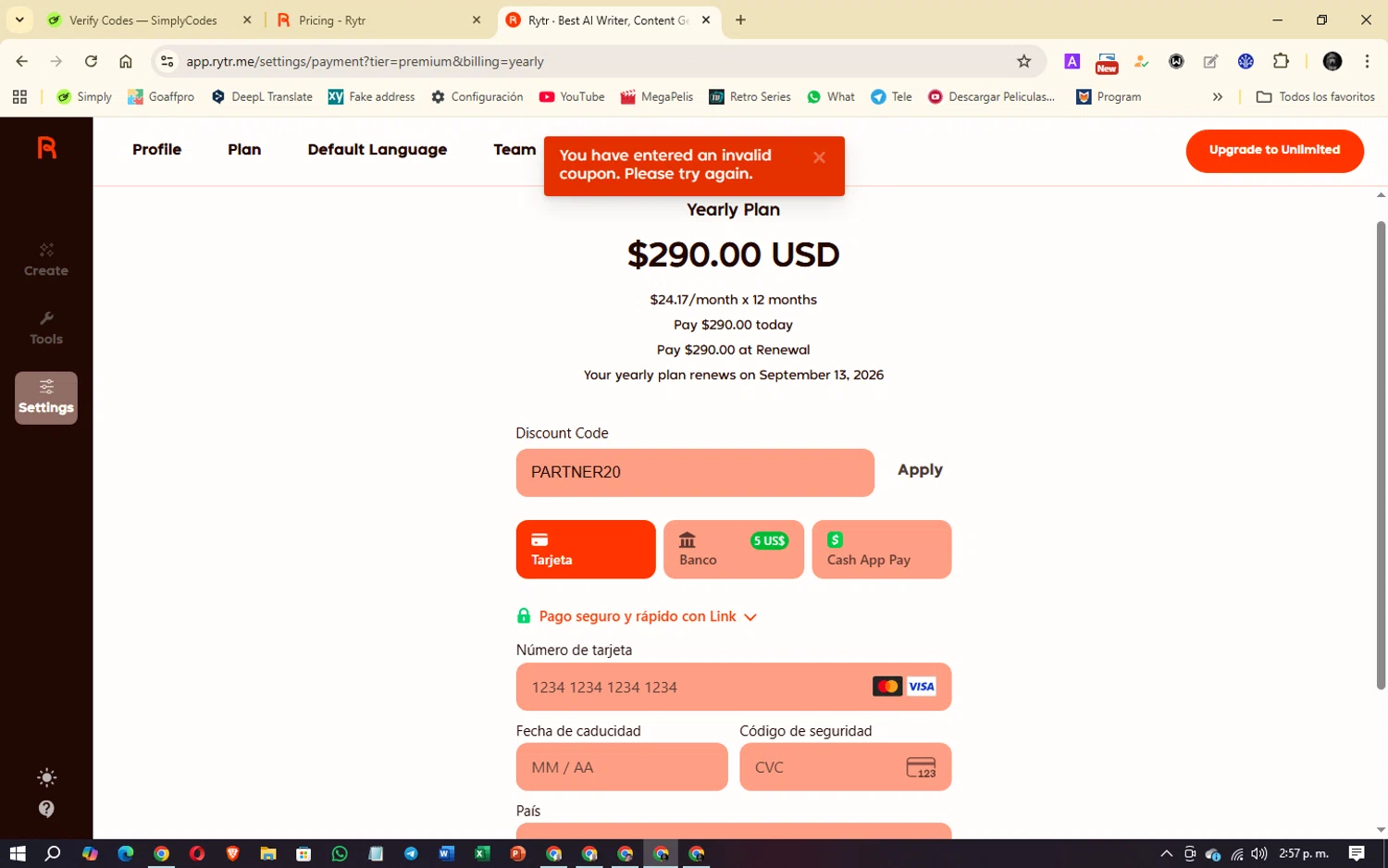Rytr discount code screenshot showing code PARTNER20 applied at Rytr checkout page. Uploaded by SimplyCodes community member Denver on Sep 13, 2025