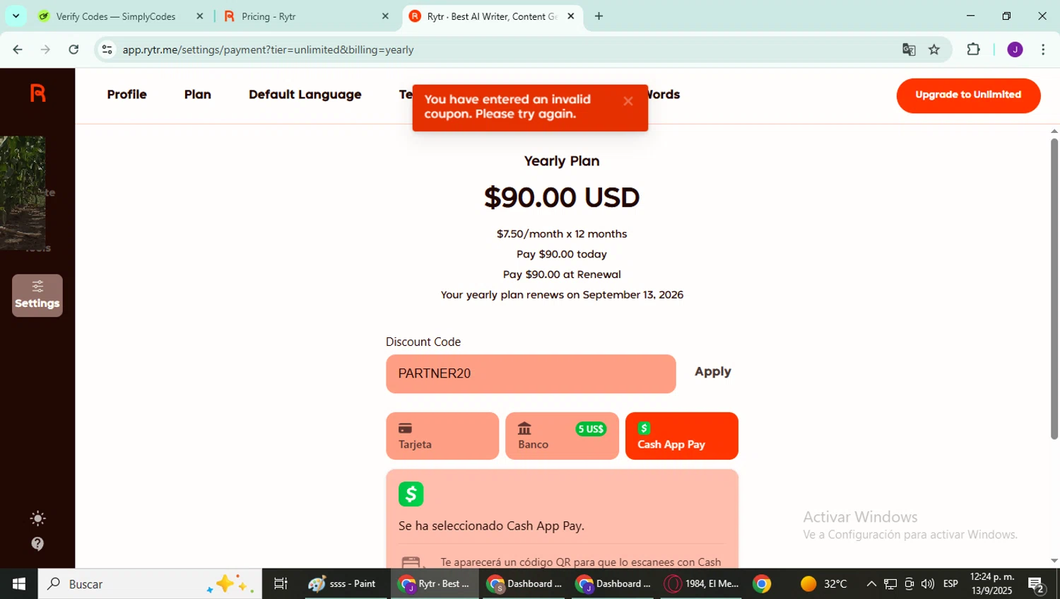 Rytr discount code screenshot showing code PARTNER20 applied at Rytr checkout page. Uploaded by SimplyCodes community member YutakaH0shin0 on Sep 13, 2025