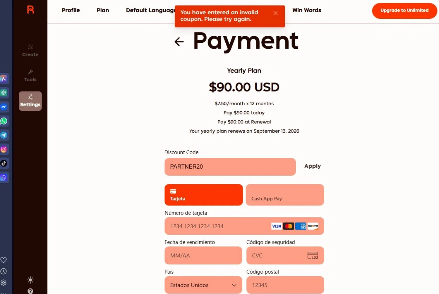 Rytr discount code screenshot showing code PARTNER20 applied at Rytr checkout page. Uploaded by SimplyCodes community member andrescarreraborges on Sep 13, 2025