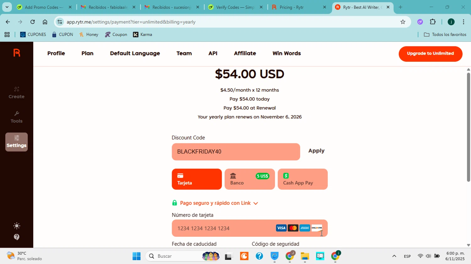 Rytr discount code screenshot showing code BLACKFRIDAY40 applied at Rytr checkout page. Uploaded by SimplyCodes community member ABHF23 on Nov 6, 2025