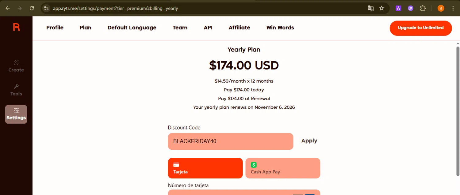 Rytr discount code screenshot showing code BLACKFRIDAY40 applied at Rytr checkout page. Uploaded by SimplyCodes community member PennyAdmiral6960 on Nov 6, 2025