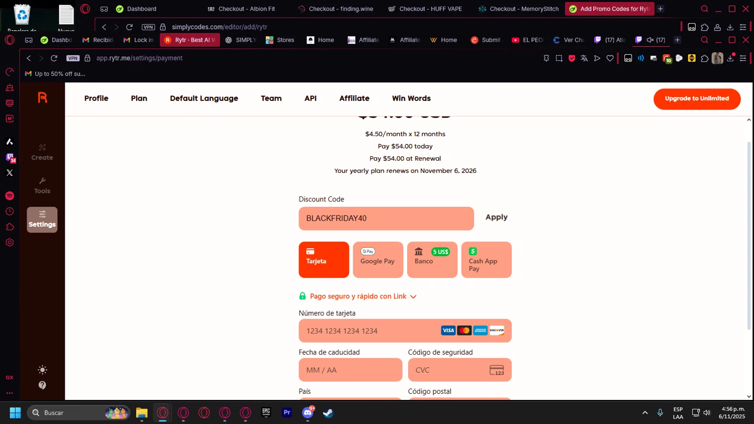Rytr discount code screenshot showing code BLACKFRIDAY40 applied at Rytr checkout page. Uploaded by SimplyCodes community member leonardocamacho2 on Nov 6, 2025