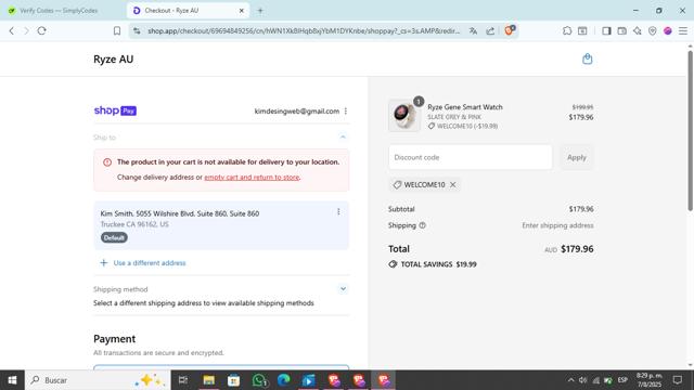 Ryze checkout page showing Ryze discount code box | Screenshot taken by SimplyCodes community member on Aug 8, 2025