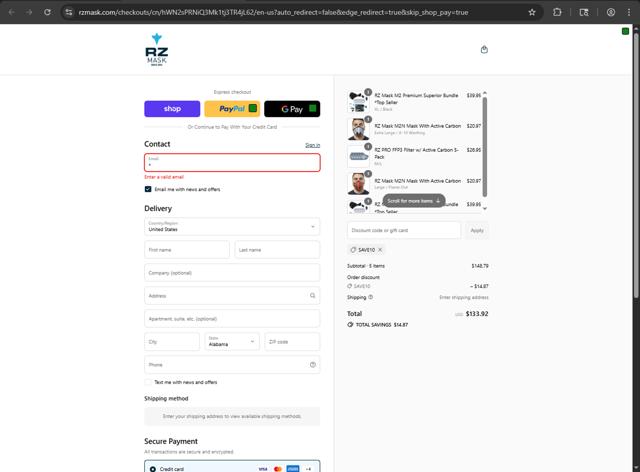 RZ Mask checkout page showing RZ Mask discount code box | Screenshot taken by SimplyCodes community member on Sep 12, 2025