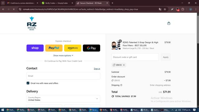 RZ Mask checkout page showing RZ Mask discount code box | Screenshot taken by SimplyCodes community member on Sep 12, 2025
