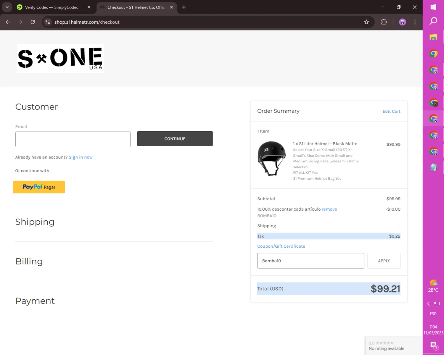 S1 Helmets coupon code screenshot showing code Bomba10 applied at S1 Helmets checkout page. Uploaded by SimplyCodes community member ositouno on May 11, 2025