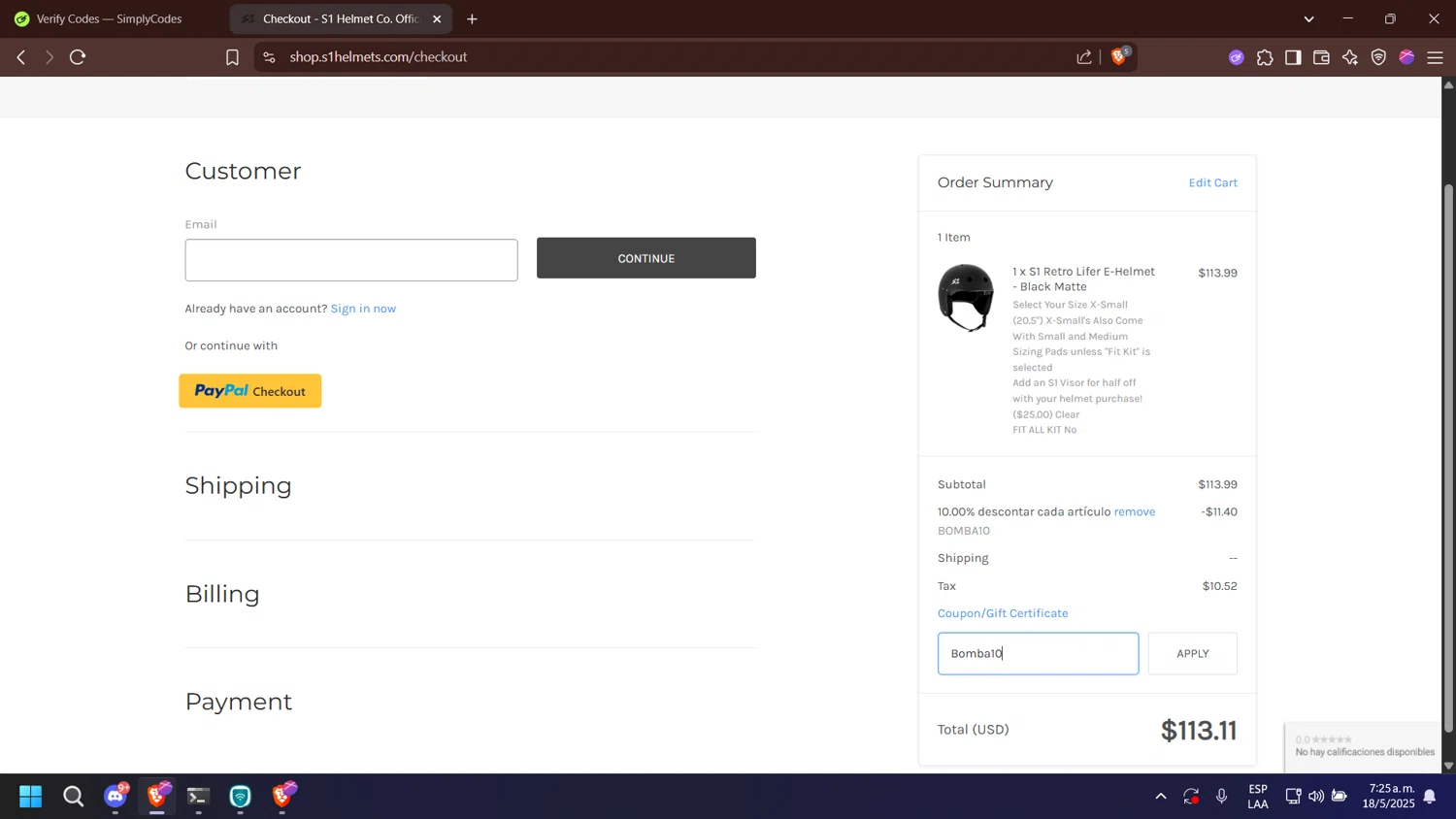 S1 Helmets coupon code screenshot showing code Bomba10 applied at S1 Helmets checkout page. Uploaded by SimplyCodes community member nabucodonosor on May 18, 2025