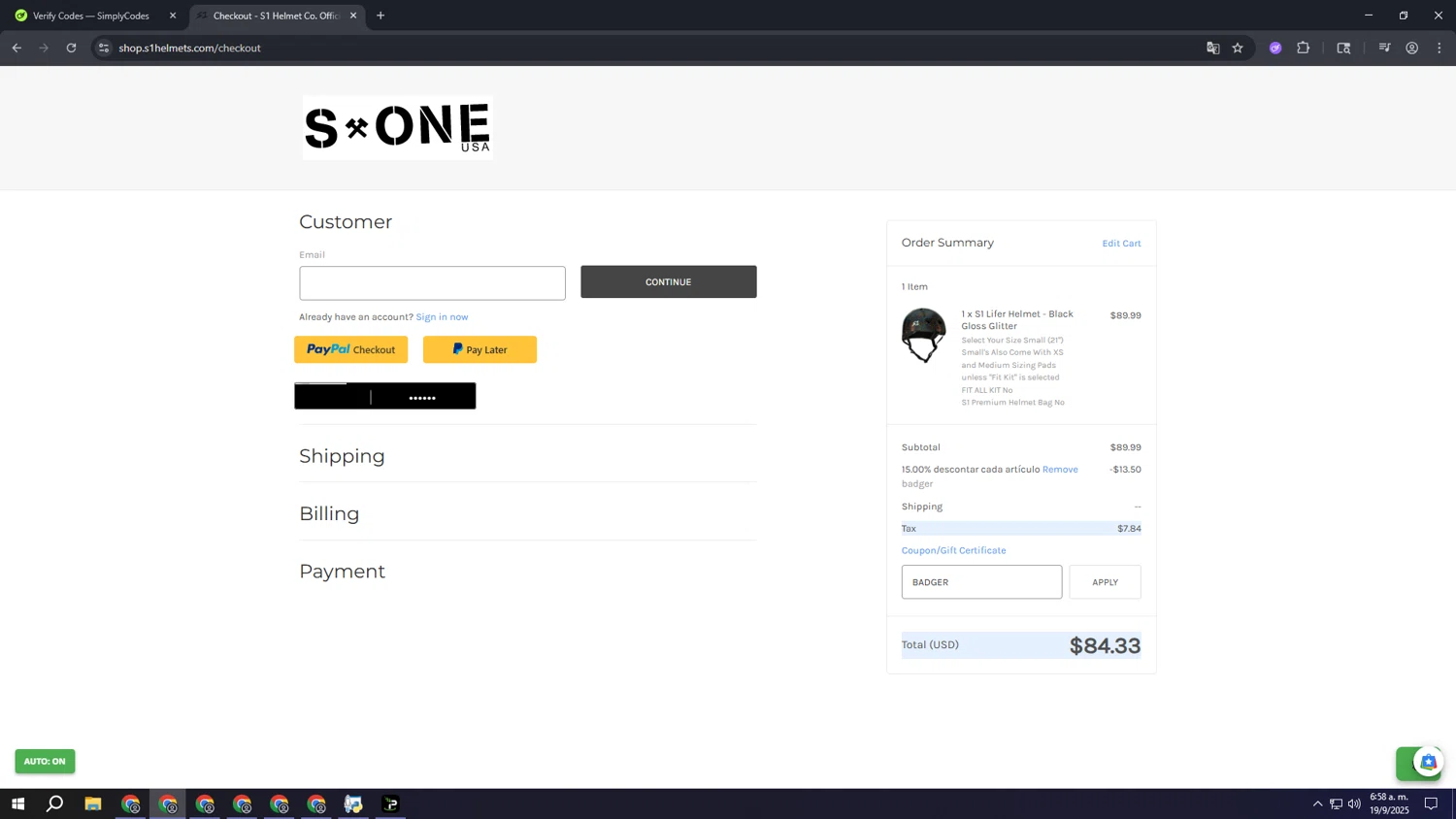 S1 Helmets coupon code screenshot showing code BADGER applied at S1 Helmets checkout page. Uploaded by SimplyCodes community member aaaaaaaaaaaaaaaa on Sep 19, 2025