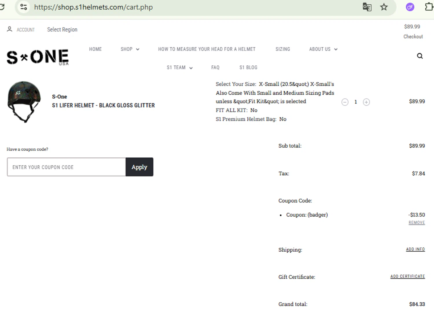 S1 Helmets coupon code screenshot showing code BADGER applied at S1 Helmets checkout page. Uploaded by SimplyCodes community member RewardFinder4836 on Aug 21, 2025