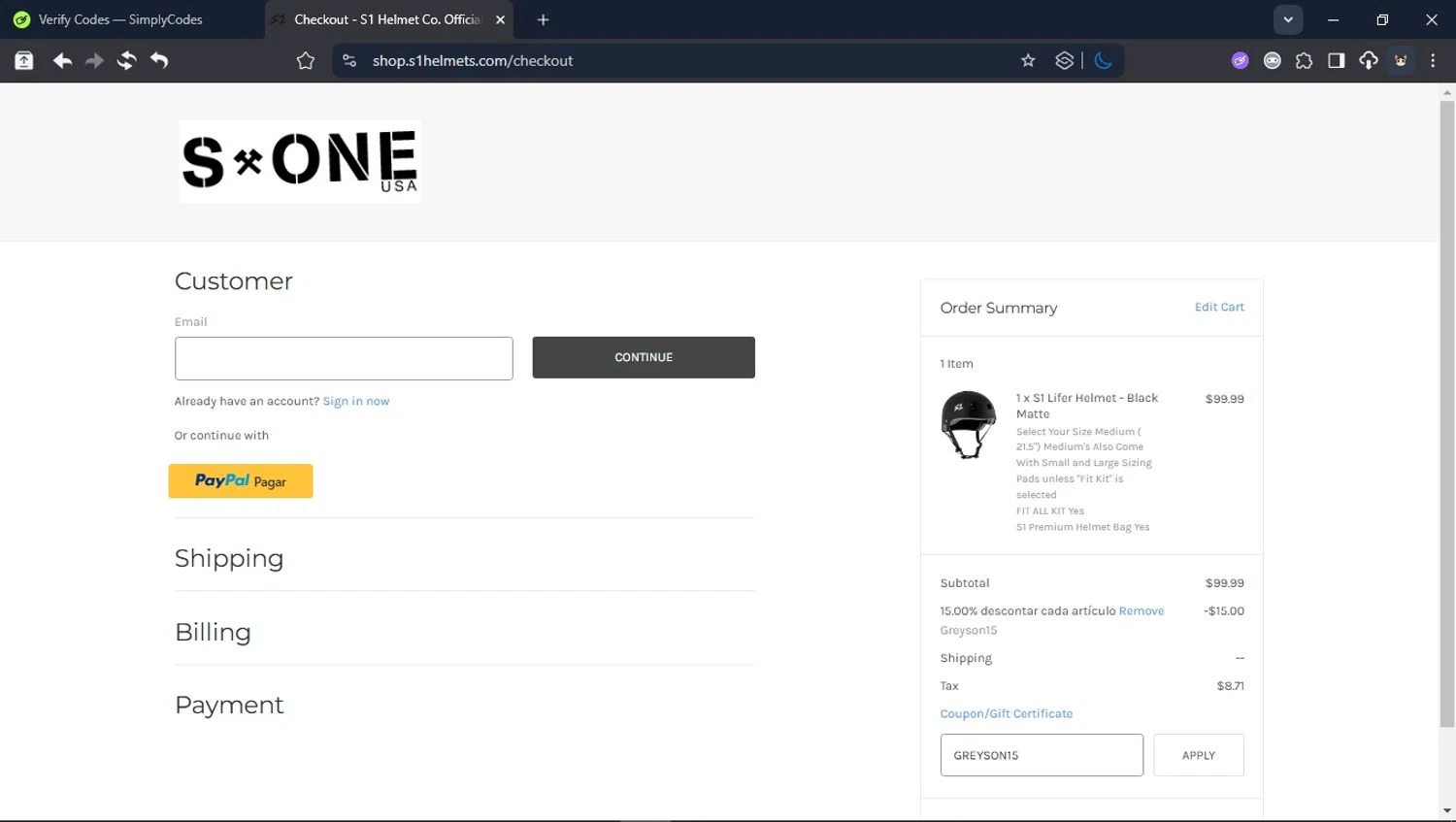 S1 Helmets coupon code screenshot showing code GREYSON15 applied at S1 Helmets checkout page. Uploaded by SimplyCodes community member User_Randon1 on Sep 25, 2025