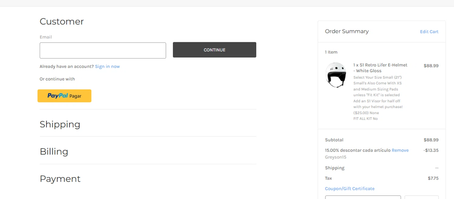 S1 Helmets coupon code screenshot showing code GREYSON15 applied at S1 Helmets checkout page. Uploaded by SimplyCodes community member ashe1986 on Aug 27, 2025