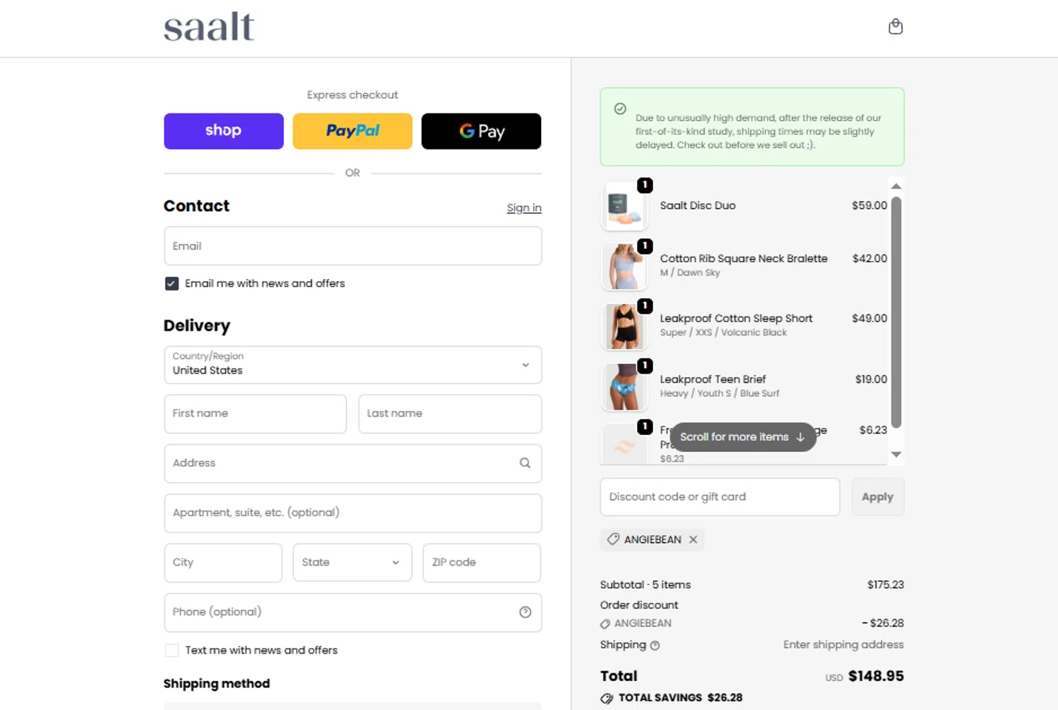 Saalt promo code screenshot showing code ANGIEBEAN applied at Saalt checkout page. Uploaded by SimplyCodes community member SweetJireh on Jun 6, 2026
