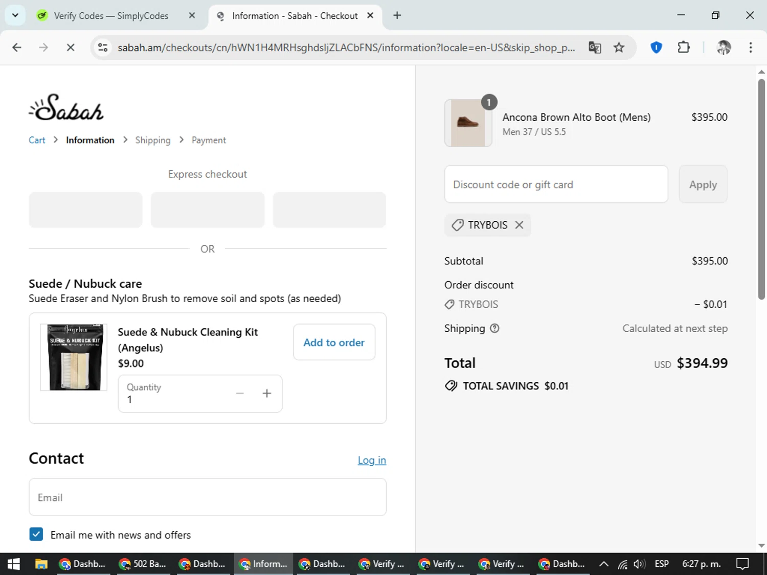 Sabah checkout page showing Sabah discount code box | Screenshot taken by SimplyCodes community member on Jul 31, 2025