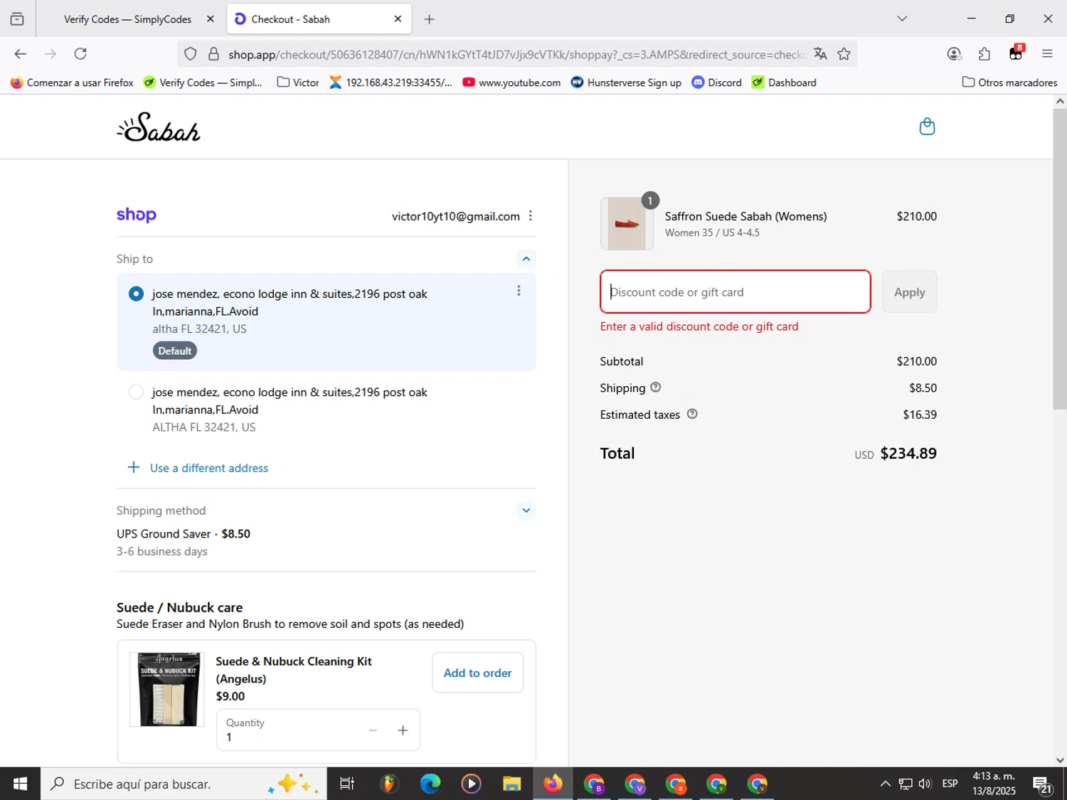 Sabah discount code screenshot showing code TRYBOIS applied at Sabah checkout page. Uploaded by SimplyCodes community member Garou_Y2K on Aug 13, 2025