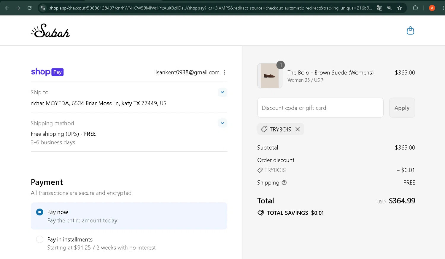 Sabah checkout page showing Sabah discount code box | Screenshot taken by SimplyCodes community member on Jul 30, 2025