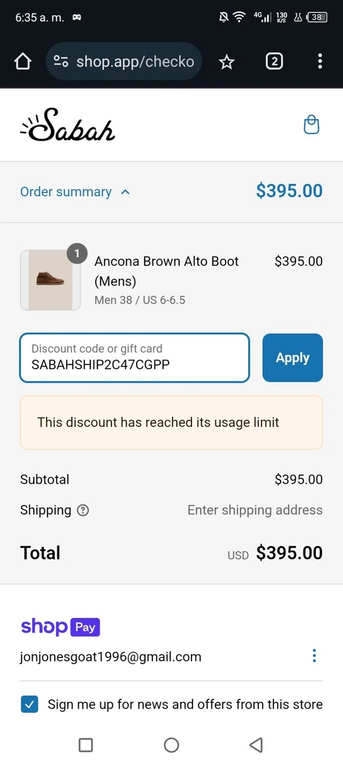 Sabah discount code screenshot showing code SABAHSHIP2C47CGPP applied at Sabah checkout page. Uploaded by SimplyCodes community member Junniorduno on Mar 13, 2025