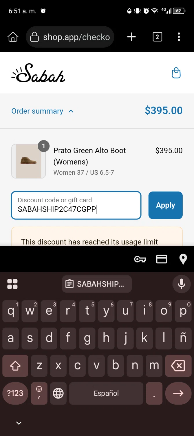 Sabah discount code screenshot showing code SABAHSHIP2C47CGPP applied at Sabah checkout page. Uploaded by SimplyCodes community member Usuario_simply on Mar 13, 2025