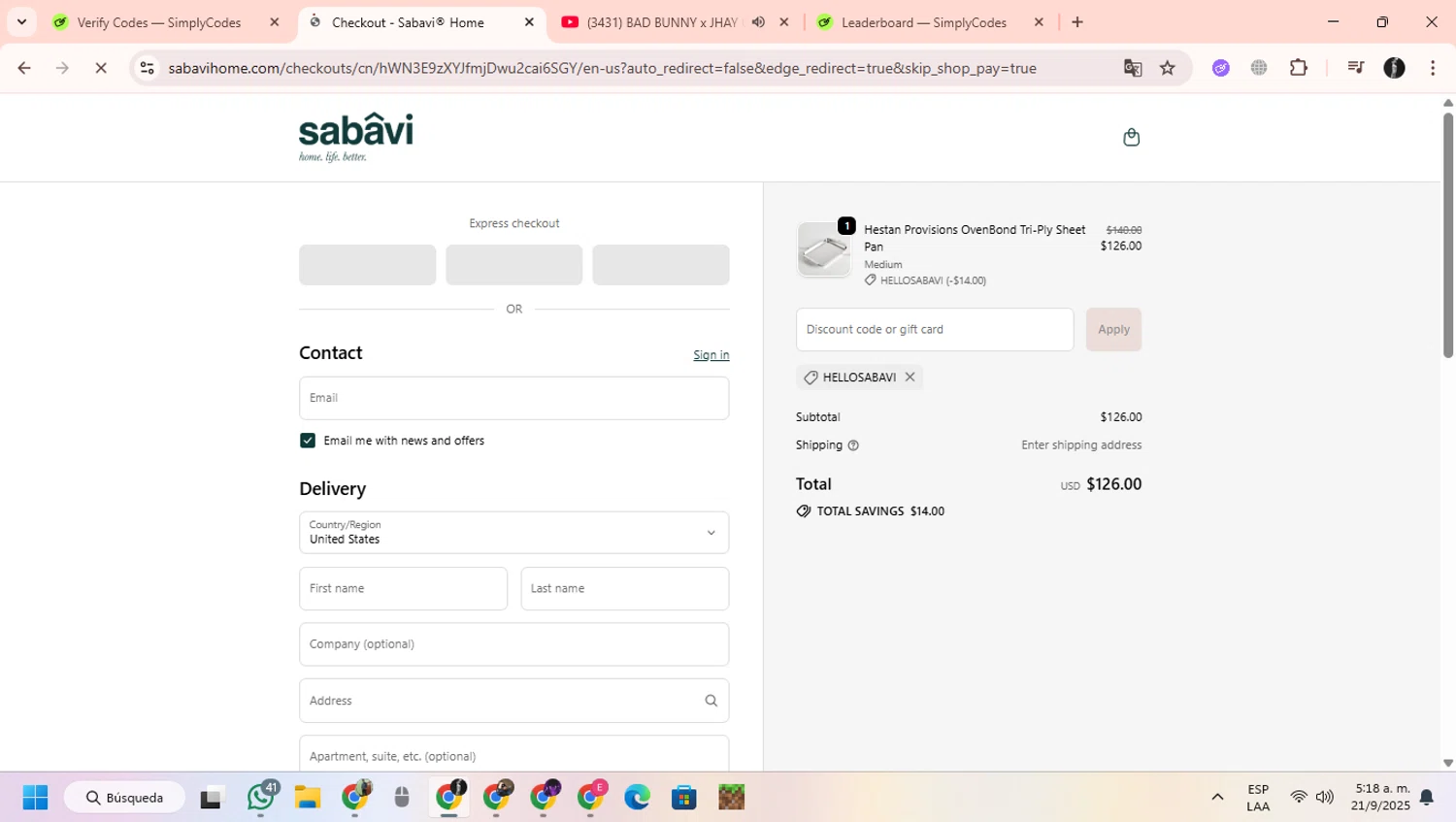 Sabavi Home promo code screenshot showing code HELLOSABAVI applied at Sabavi Home checkout page. Uploaded by SimplyCodes community member ChinoYugiXD on Sep 21, 2025