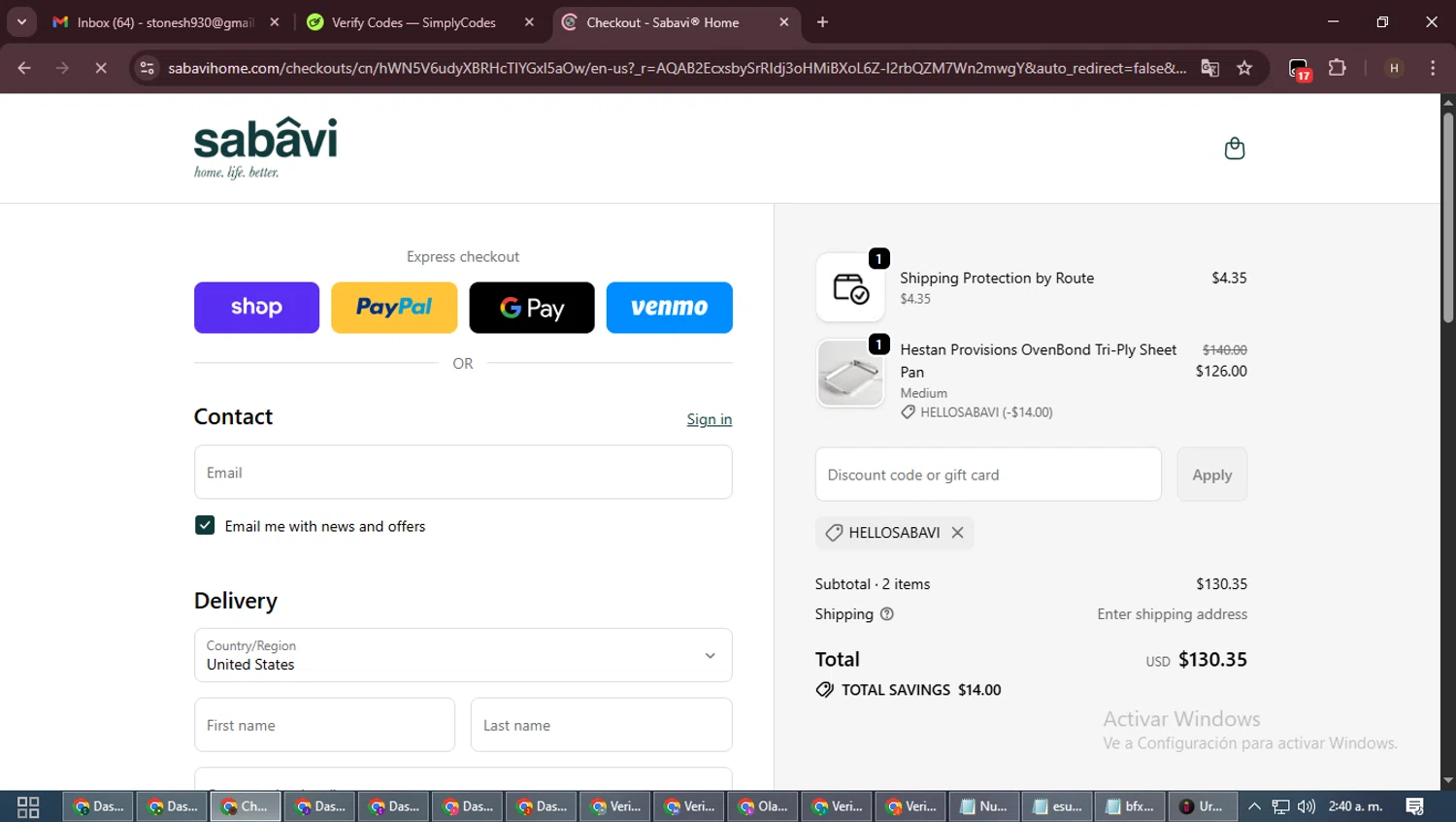 Sabavi Home promo code screenshot showing code HELLOSABAVI applied at Sabavi Home checkout page. Uploaded by SimplyCodes community member VictoriousPioneer8823 on Nov 20, 2025