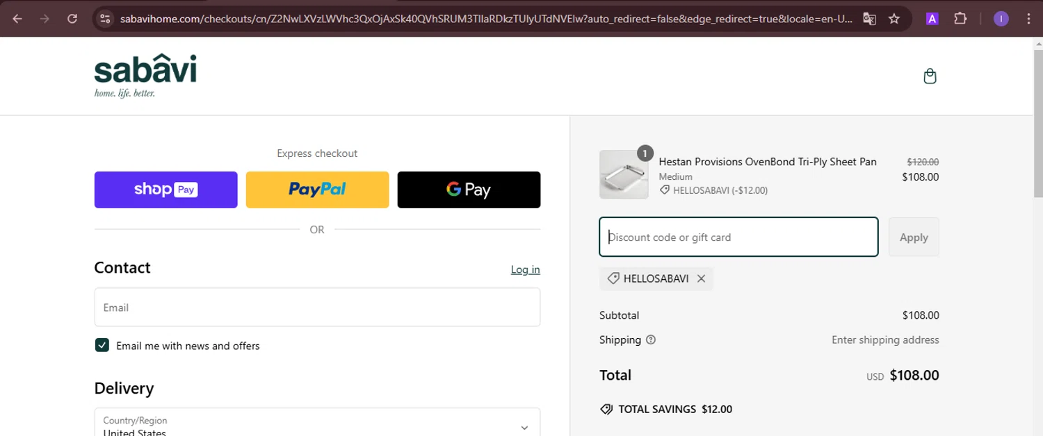 Sabavi Home promo code screenshot showing code HELLOSABAVI applied at Sabavi Home checkout page. Uploaded by SimplyCodes community member joineds on Feb 27, 2025